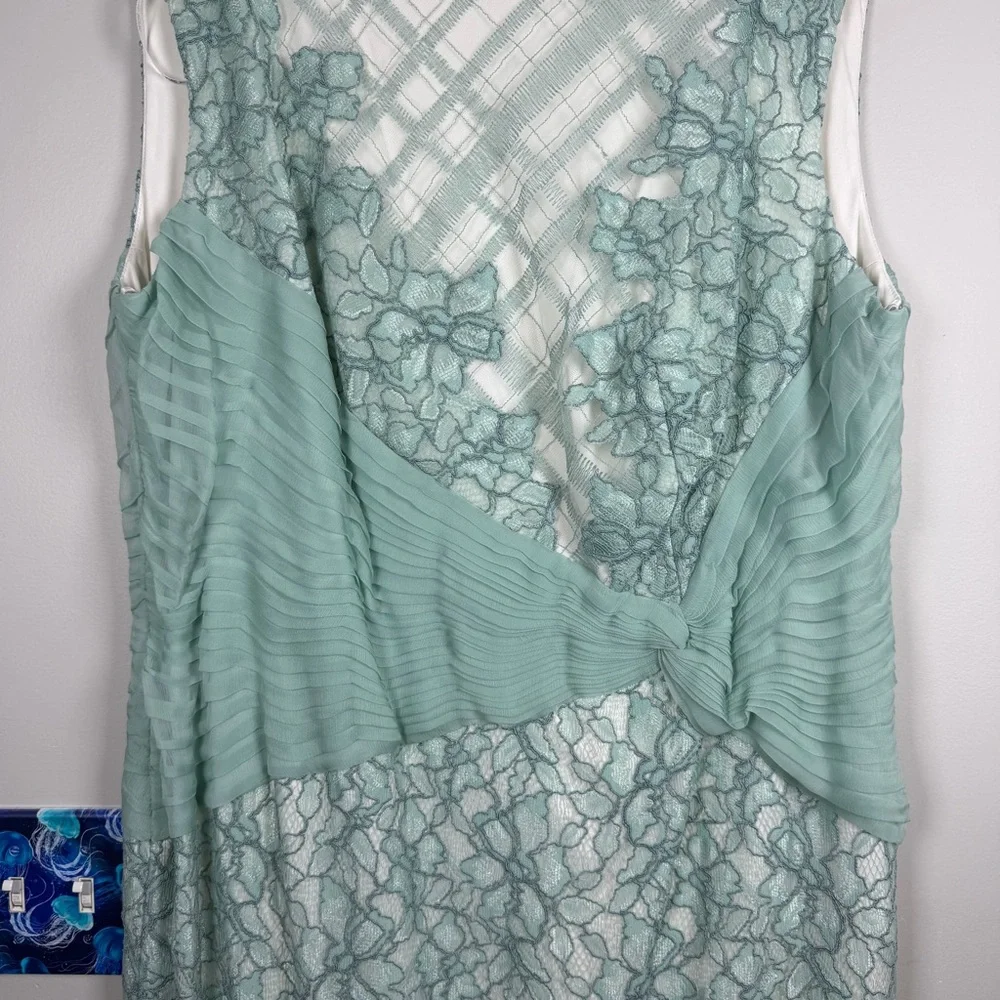 Tadashi Shoji EMBROIDERED TULLE PLEATED Lace Sheath Green Mint DRESS 18Q Easter